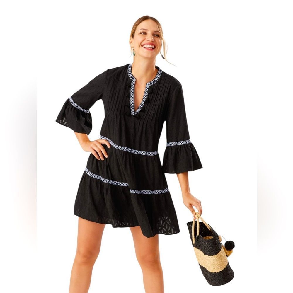 NWT TOMMY BAHAMA EMBROIDERED TIERED TASSEL BLACK‎ DRESS WOMENS SIZE MEDIUM